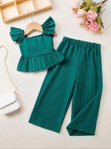 two-piece set toddler girl's solid ruffle trim top & wide leg pants set, casual elegant square neck top & trousers for daily outdoor wear, kids clothes for summer, summer outfits set