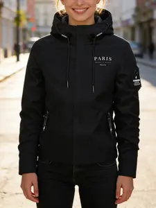 Women's Hooded Jacket Coat, Paris France Print, Street Style, Casual Sporty, Long Sleeve, Pockets, Fall & Winter Outerwear
