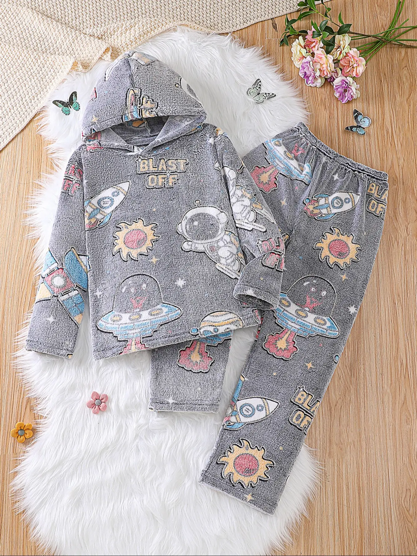 2 pieces of children, girls, boys, rockets, astronauts, alien spacecraft, glow in the dark printed long sleeved pants, soft and comfortable skin friendly top and hood suitable for home, leisure, daily wear, pajamas in autumn and winter seasons