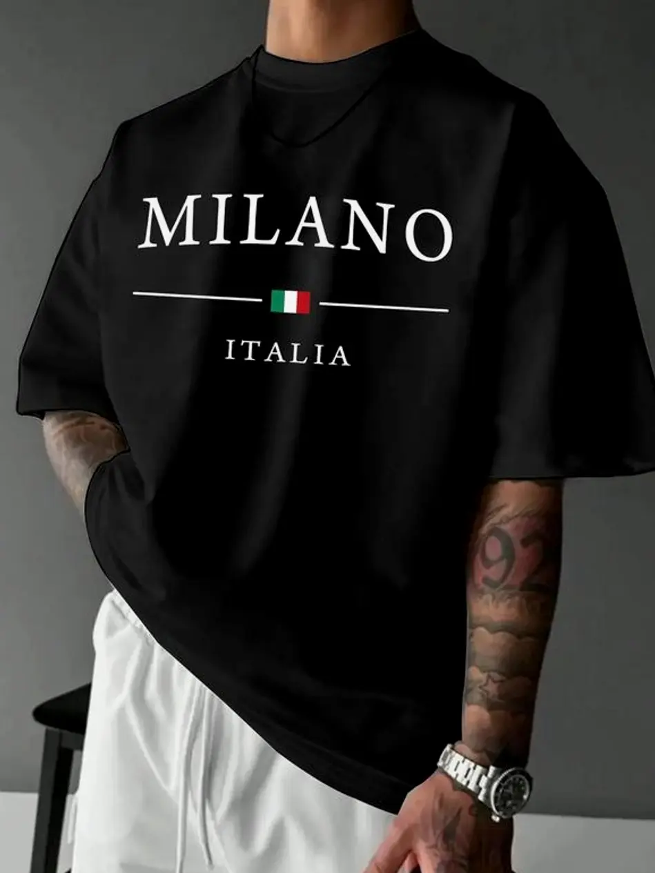 Unisex's Milano Italy Print T-Shirts, Crewneck Sweatshirts & Pullover Hoodie, Loose Casual Short Sleeve T-shirt for Daily Wear, Men's Top for Summer EFG5H