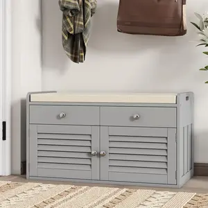 Shoe Storage Bench with 2 Drawers & 2 Door Cabinet, Entryway Bench with Shoe Storage, Shoe Bench with Cushion, Adjustable Shelves, Shoe Rack Bench for Entryway, Hallway, Bedroom, Grey