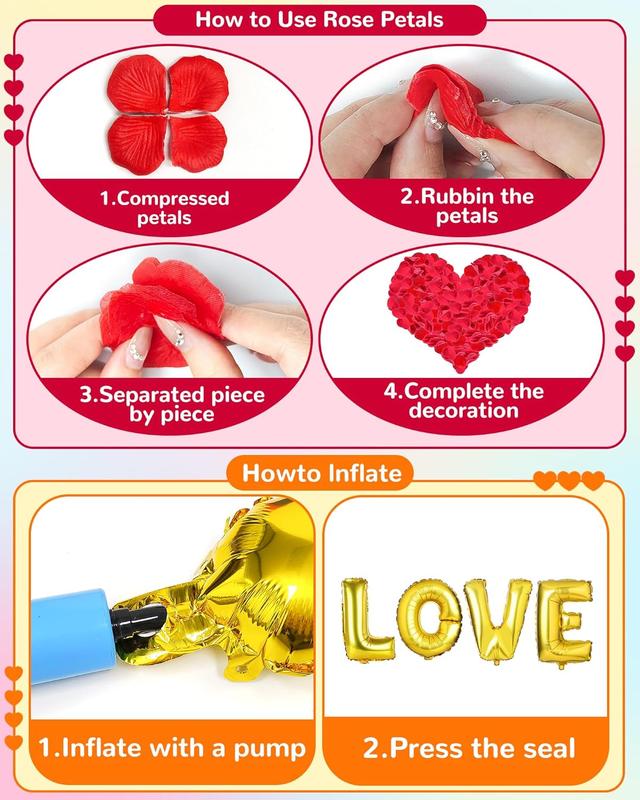 54PCS Valentine’s Day Heart Balloons Set with “I Love You” Foil Balloons, 1000 Silk Rose Petals & Hanging Decor for Wedding, Anniversary & Romantic Night Decorations