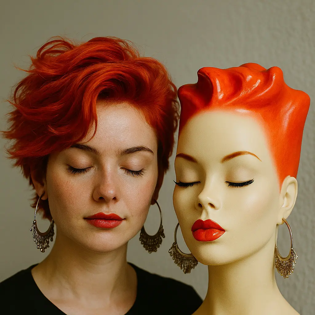 Glam Fiberglass Female Display Head with Red Hair and Silver Hoop Earrings for Jewelry Display