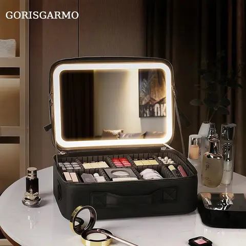 GORISGARMO Compact PU Leather Travel Cosmetic Bag with LED Mirror, Adjustable Dividers, 3 Color Modes, Adjustable Brightness, Spill-Proof Carry, Makeup Storage Bag, Accessories for Women, Gifts for Adults