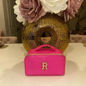 Letter R Initial Cosmetic Bag - Pink with Gold Trim, Perfect for Travel and Organization