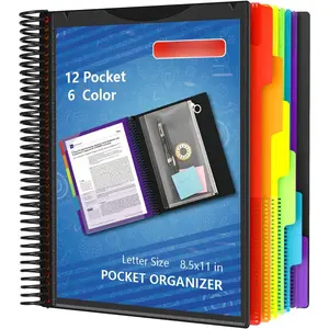 12 Pocket Project Organizer, 6 Color Letter Size Spiral Multi Pocket Folder Organizer, 1/6-cut Tab Poly File Organizer Binder with Dividers,Multi-Subject Binder Notebook School Office Supplies