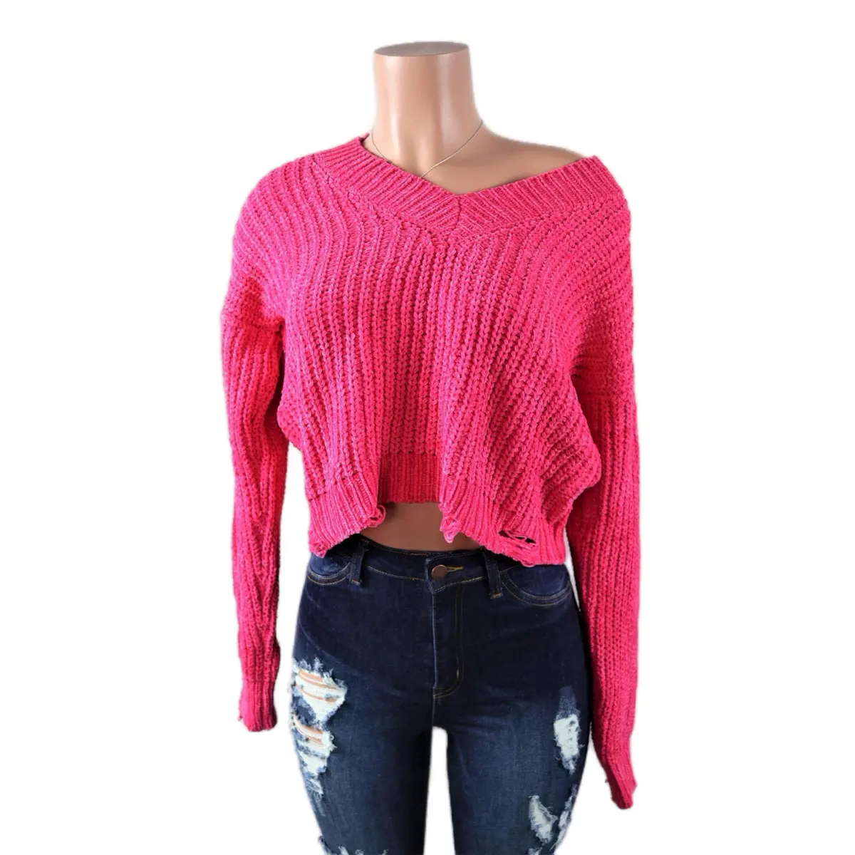 Women's Fuchsia  Sweater - Long Sleeve Winter Top Knit Knitwear Crop Womenswear Polyester