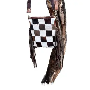 Checker Style Leather Purse with Fringes - Fashion Accessory for Checker Pattern Enthusiasts