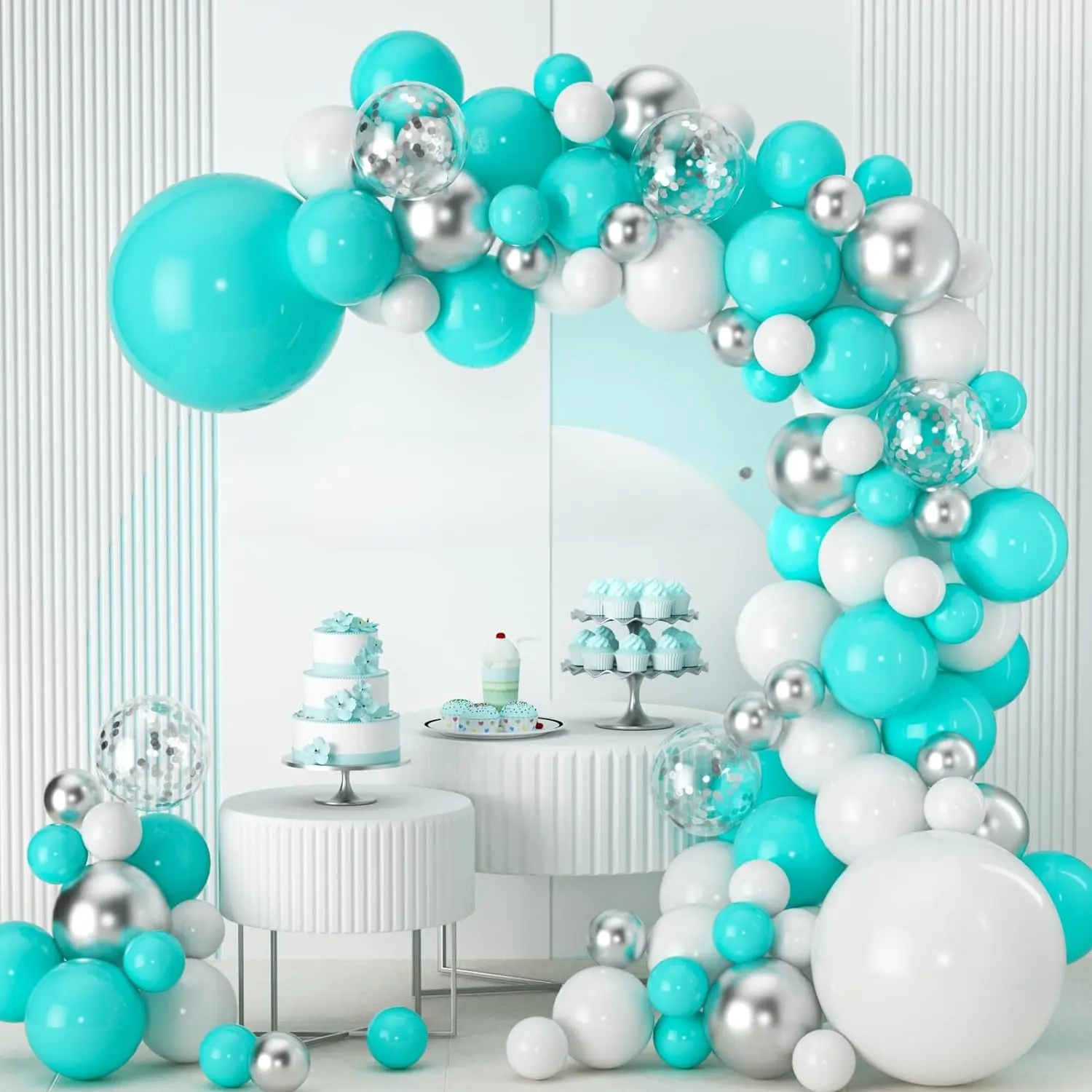 Teal Balloons Garland Arch Kit, 107pcs Teal Blue Silver White Balloons Turquoise Balloons for Baby Shower Wedding Anniversary Gender Reveal Birthday Party Decoration