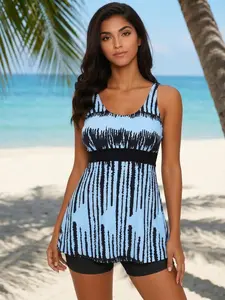 Abstract Zebra Printed Tankini Swimsuit A-Line Swim Dress with Solid Black Boy-Shorts Set