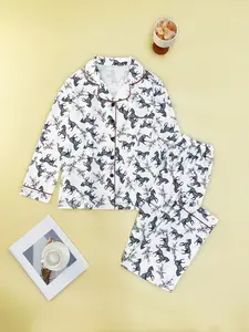 Women's All Over Horse Print Lapel Neck Pocket Crop Jacket & Pants Pyjama Two-piece Set, Casual Comfy Long Sleeve Button Up Top & Trousers PJ Set, Ladies Sleepwear for All Seasons, Loungewear, Pajamas, Soft Casual Pajamas