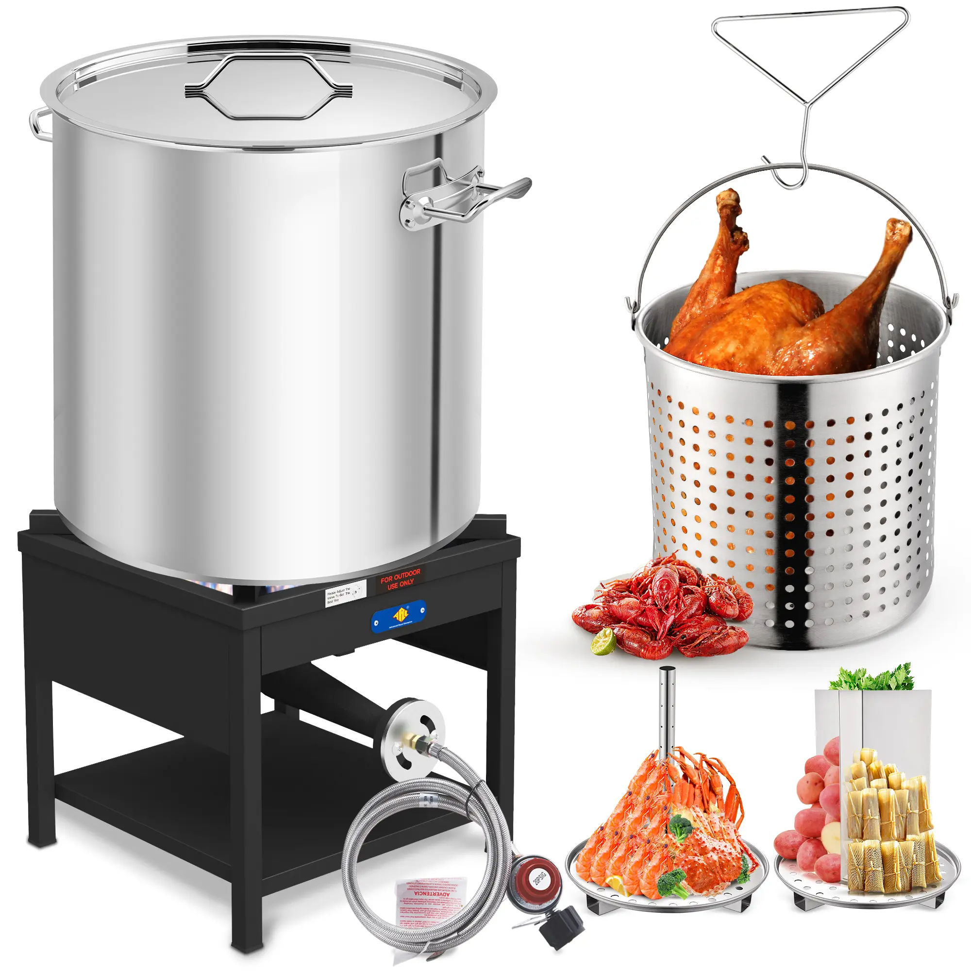 ARC 100QT Outdoor Seafood Boiling Kit, 200,000BTU Propane Burner And Stainless Steel Crawfish Boil Pot w/Basket, Steamer Rack, Lift Hook, Divider and Tube, For Outdoors Cooking and Steaming, Large Turkey Fryer Pot, Lobster Shrimp Pot