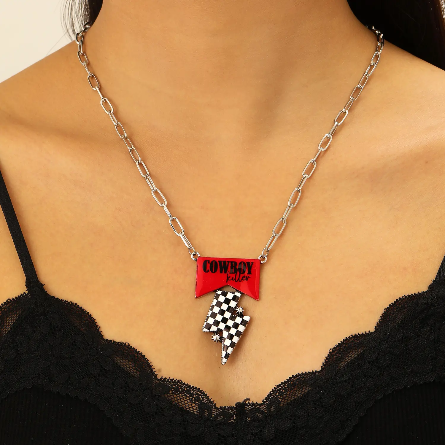 Checkered Lightning Bolt Cowgirl Necklace