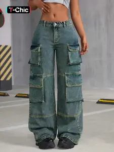 Women's Plain Button Fly Flap Pocket Cargo Jeans, Street Fashion Straight Leg Denim Trousers for Daily Wear, Ladies Bottoms for All Seasons, Multi Pocket Jeans
