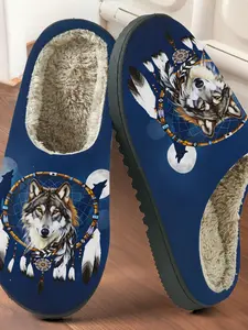 Indian Dreamcatcher Wolf Print Cotton Slippers, Ethnic Mystical Style, Fuzzy Lined Anti-Slip Thick Sole, Home Use Men Women Fall Winter Warm Shoes