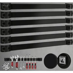 7-Piece Garage Wall Mount Magnetic Strip: Heavy Duty Tool Organizer Rack with Power Magnets, Workbench Board Storage Solution, Slatwall Van Hanger for Space Saving Organization