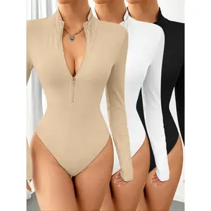 Women's Fall Winter Fashion Slim Fit High Neck Zipper Design Versatile Long Sleeve Jumpsuit Set Casual Plain Style Bodysuits
