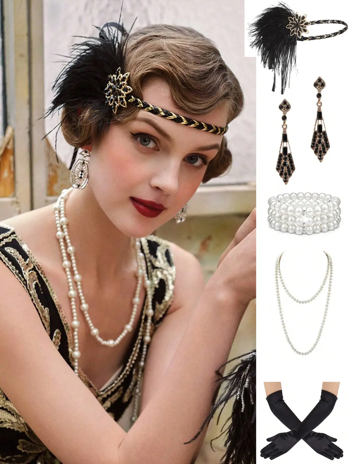 5pcs 1920s Flapper Gatsby Costume Accessories Decorative Set 20s Artificial Flapper Feather Headband Vintage Pearl Necklace Gloves Rhinestone Earrings Party Headpiece for Women