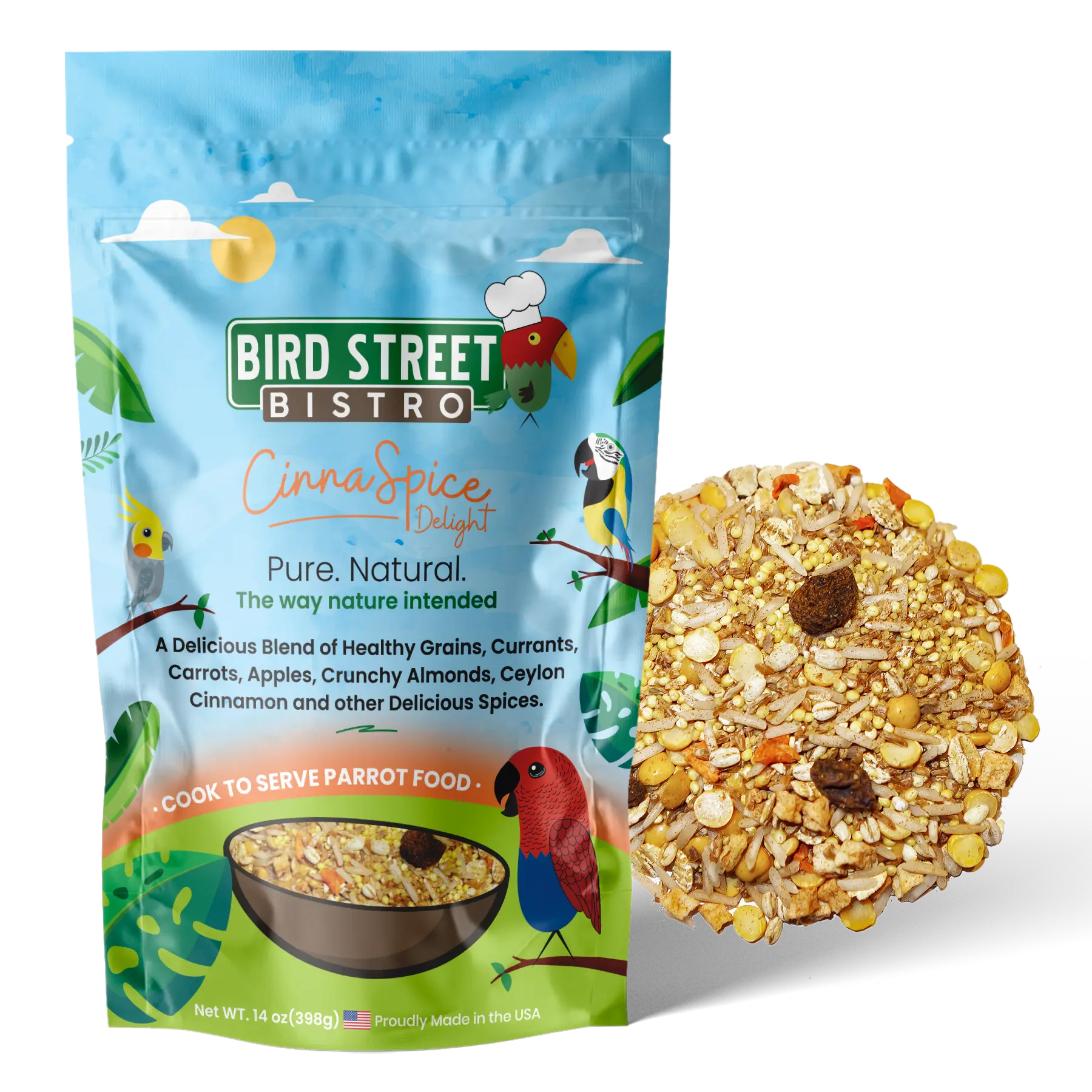 Bird Street Bistro CinnaSpice Delight - 100% Organic & Natural Parrot Food with Ceylon Cinnamon, Anise Seed, and Unsulphured Apples - Rich in Fiber and Vitamins - 14 oz