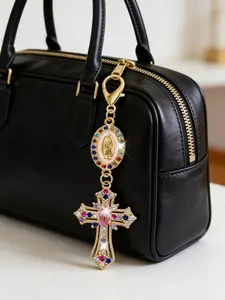 Christian amulet keychain, featuring a colorful rhinestone cross, a vibrant Virgin Mary decorative pendant, sparkling diamond charm - cross keychain, bag amulet, cross pendant, decorative wallet and backpack accessory, Stylish keychain