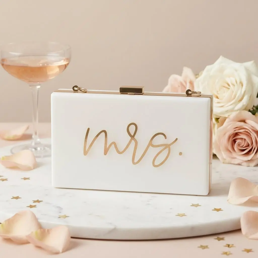 Personalized Mrs Clutch Purse | Bridal Shower Gift | Custom Name Acrylic Bag | Wedding Gift | Bride Gift | Honeymoon Accessory | Gold Script