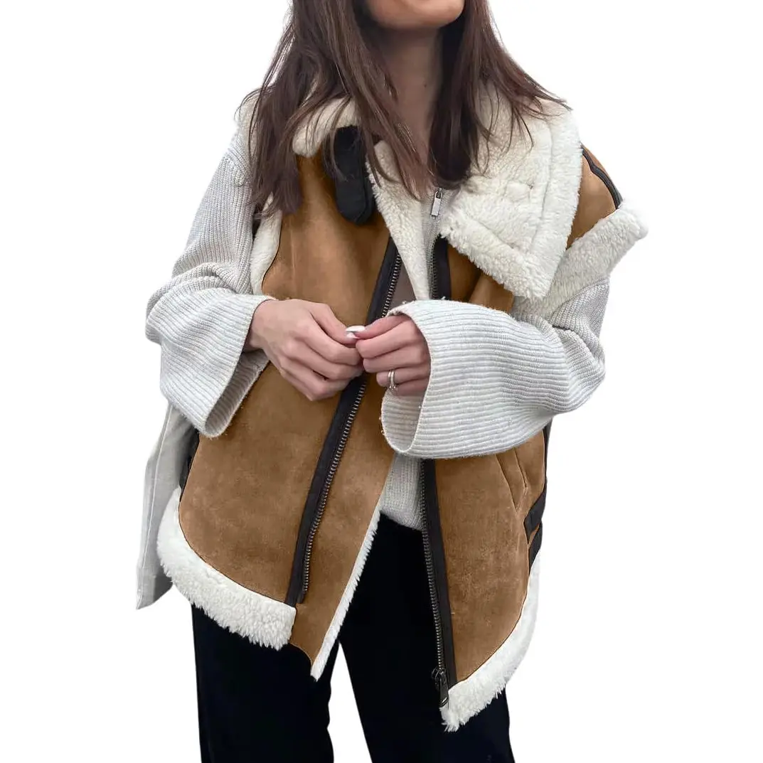 Chouyatou Women's Winter Suede Sherpa Vest Warm Sleeveless Zipper Jacket Vest with Pockets