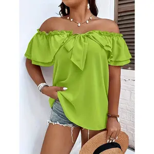 Plus Size Summer Vacation Shirt for Women Casual Solid Curve Clothing Cute Bownot Shoulderless Tops