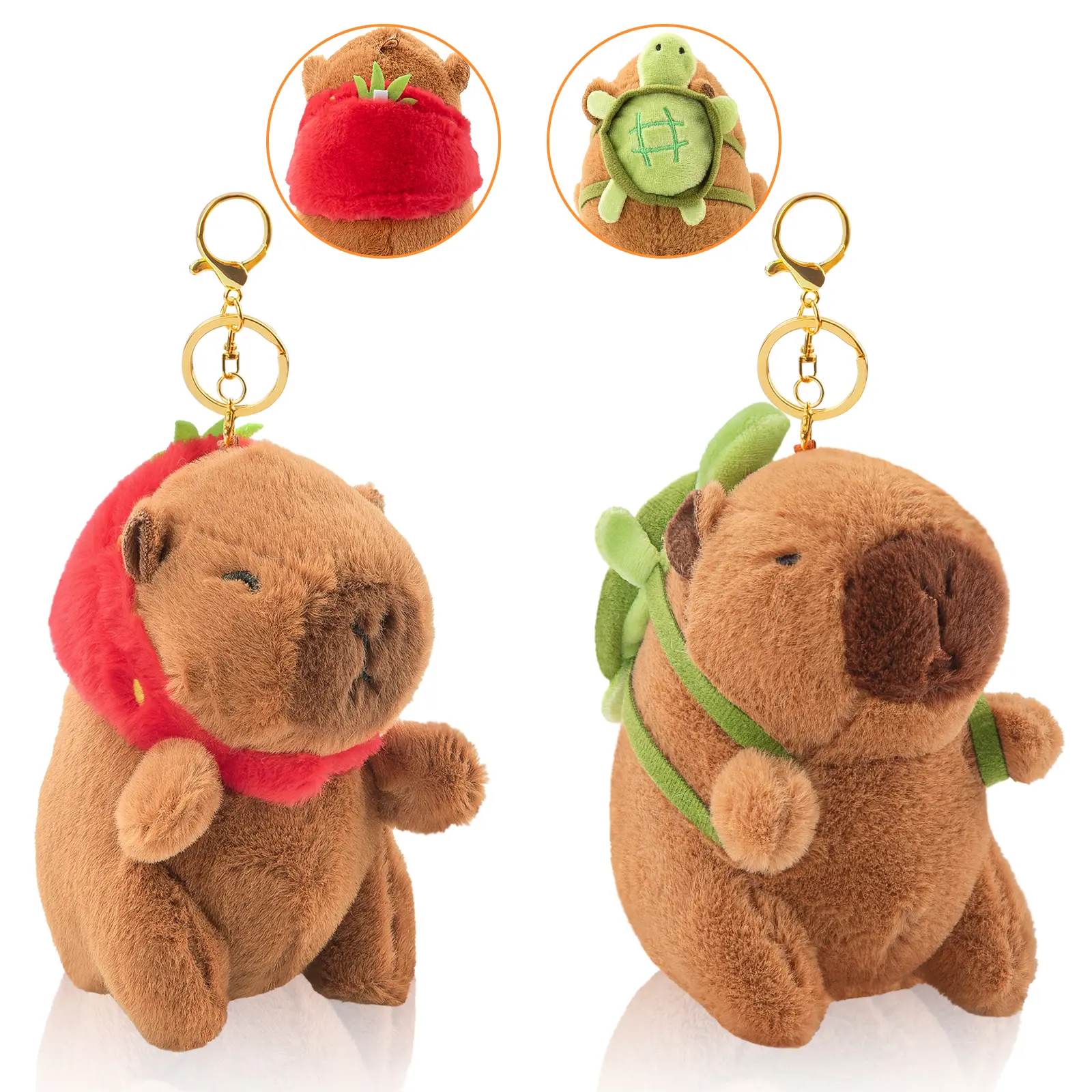 2-Piece Strawberry-Turtle Cute Animal Plush Keychain Set – Capybara plush charms featuring a strawberry hat or a turtle backpack; a soft, adorable gift accessory for friends.