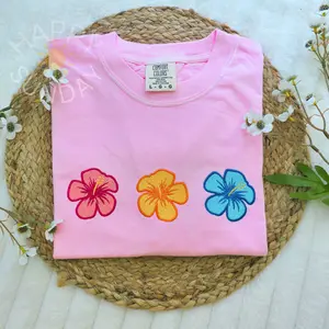 Embroidered Hibiscus Summer Comfort Colors Shirt, Spring tee, Summer shirt, Beach Lover Embroidered Shirt, Hibiscus Tee, Trendy Oversize shirt