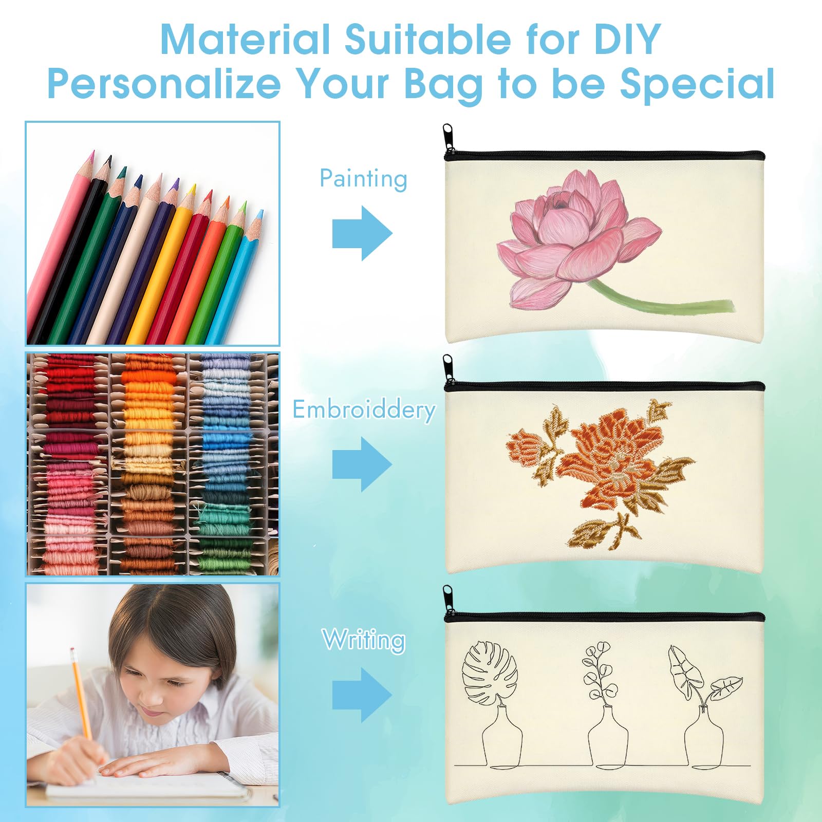 Canvas Pencil Pouch, 12 Pack Blank Canvas Zipper Pouch Makeup Bag Bulk, Canva Pouch Cosmetic Bags with Zipper Sublimation Pencil Case Blanks for DIY Craft, Travel, Organized