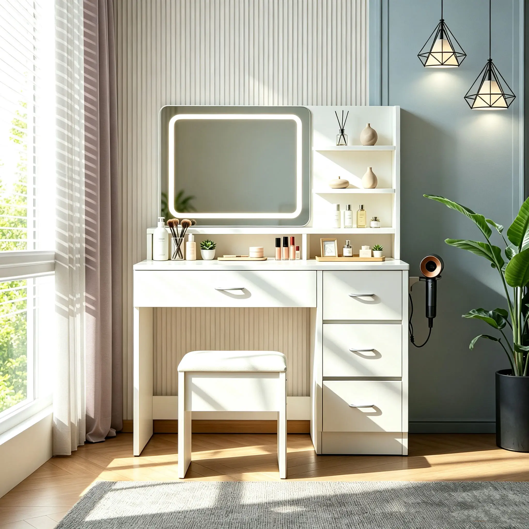 Modern White Makeup Vanity with Mirror - LED-Lit Compact Vanity Table, Built-In RGB Power Strip, Transparent Cabinet Organizer, Drawers, Matching Stool, Storage Furniture for Teens, Home Bedrooms usb