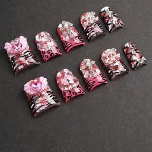 10pcs Handmade Press on Nails, Short Duck Crystal Rhinestone Decor, Luxury 3D Nail Art, Gel Carving, Y2K Nails, Wedding, Christmas, Fake Nails