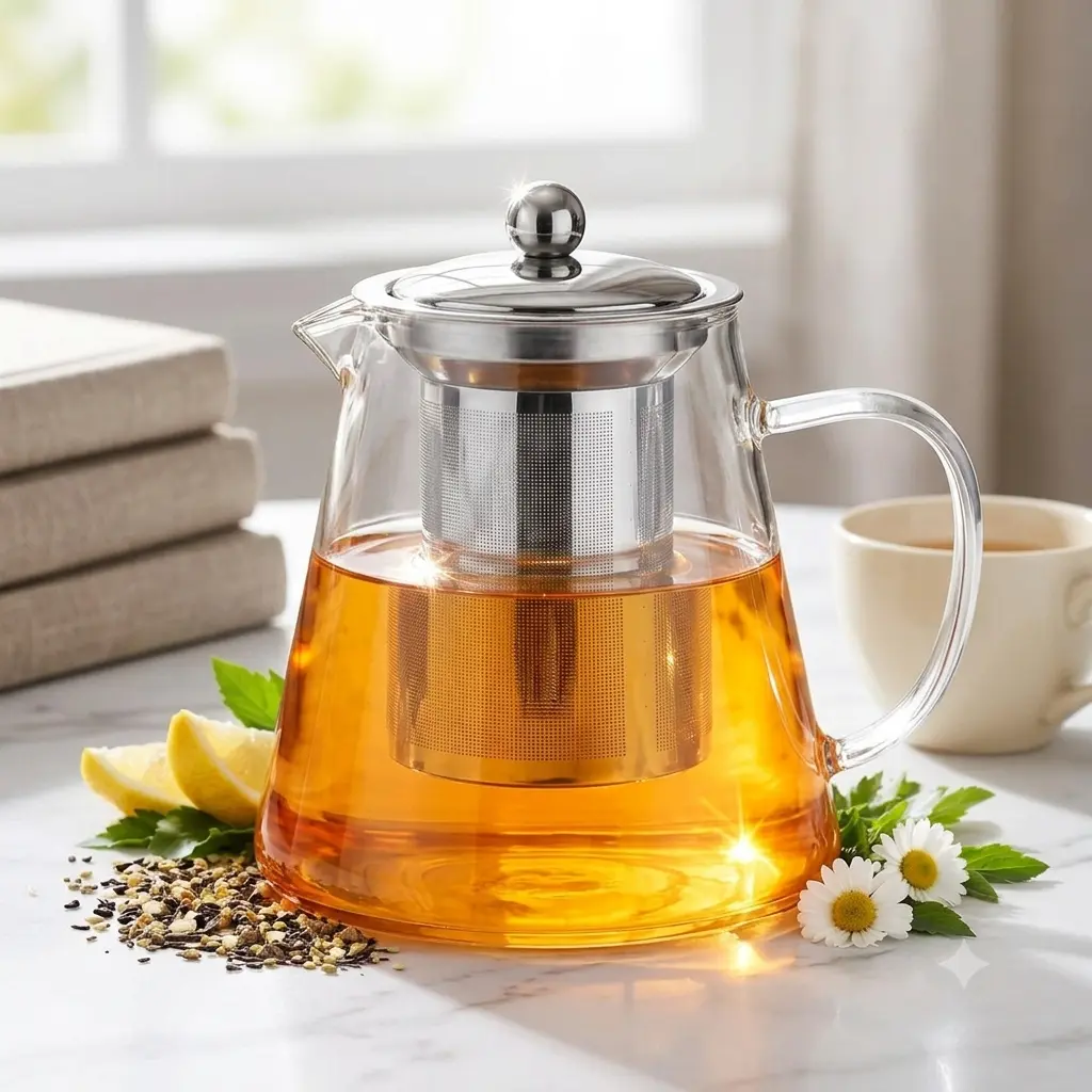 Glass Teapot with Removable Stainless Steel Infuser, Borosilicate Glass Tea Pot with Strainer,for Blooming Tea & Loose Leaf Tea, Microwave & Stovetop Safe