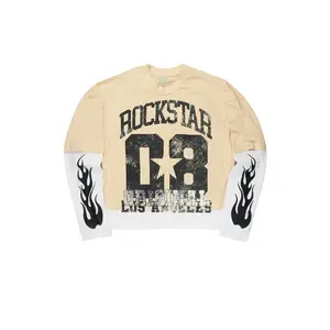 Flamur Beige/Black Double Layer Long Sleeve Graphic T-Shirt