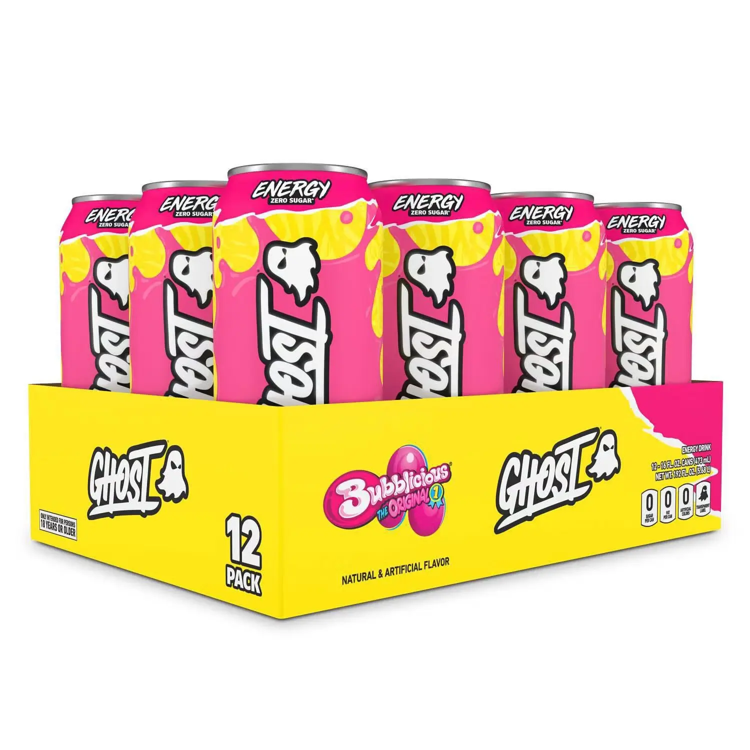 Ghost Energy Bubblicious Original Energy Drink, 12-Pack Boxed Set (144 fl oz), 0 Sugar, Caffeinated, Taurine-Infused Sports Beverage, Energy Drinks