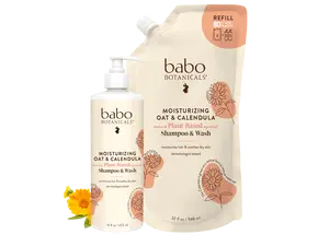 Babo Botanicals Moisturizing Oat & Calendula Shampoo & Wash with Refill – Made with Plant-Based Ingredients – Moisturizes Hair & Soothes Dry Skin – Dermatologist Tested – 16 fl oz (473 ml) Bottle + 32 fl oz (946 ml) Refill