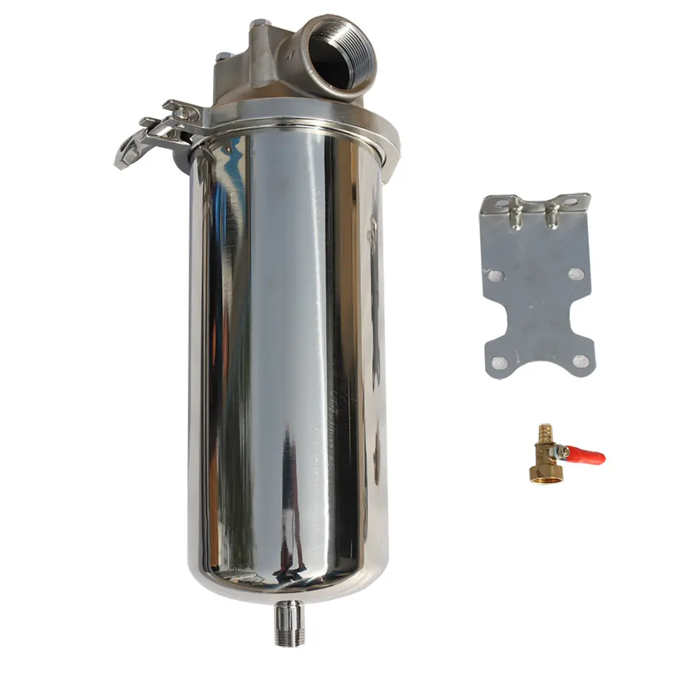 YOKOMA Heavy-Duty Corrosion-Resistant  Water Filter Housing Stainless Steel 304 Filter Housing for 10"L Cartridges 1.5"NPT with Bracket and a Drain Valve