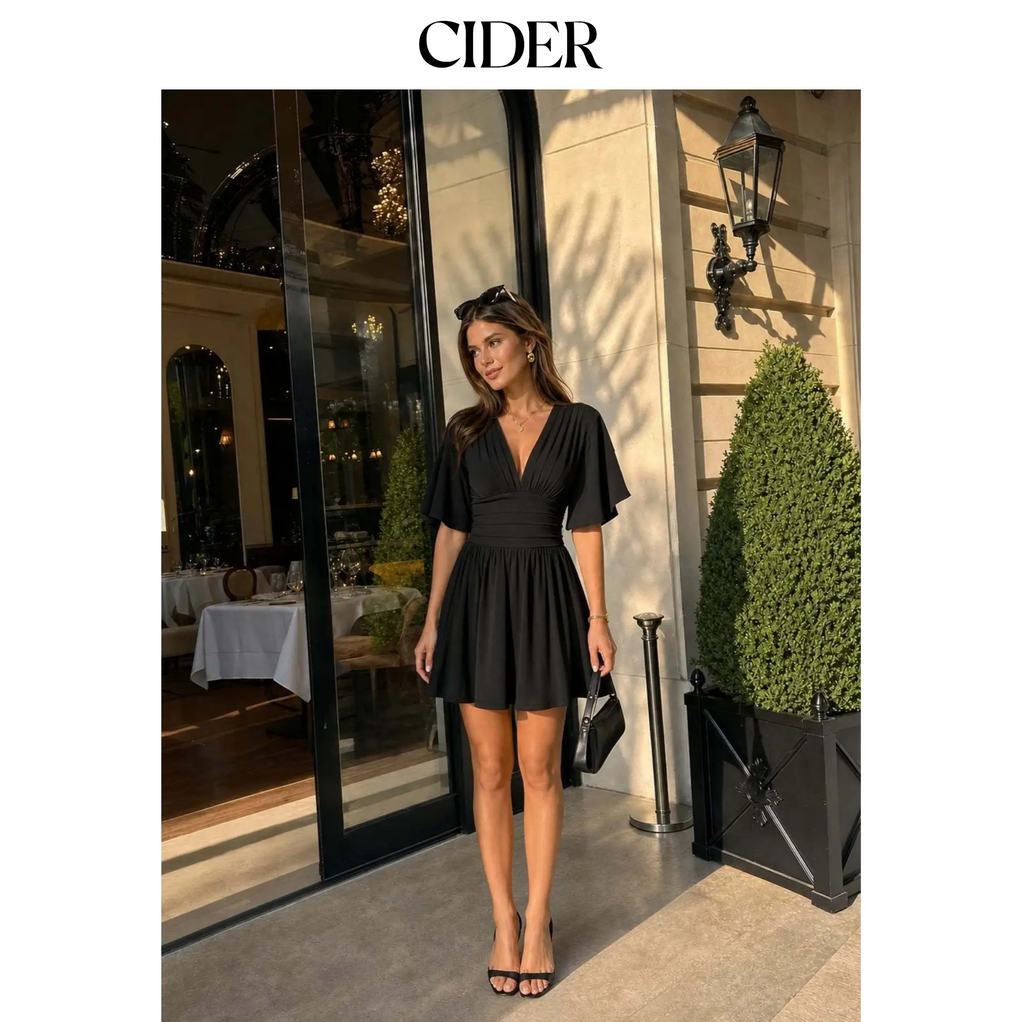 Cider Women's Textured V-Neck Ruched Mid-Rise Bell-Sleeve Overalls Romper