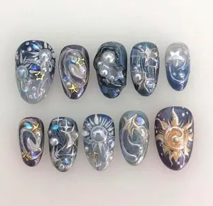 Celestial Sun and Moon Press on Nails, Dark Blue Galaxy 3D Star Nails with Pearls, Japanese Twinkle Star Almond Nails, Gothic Nail Art