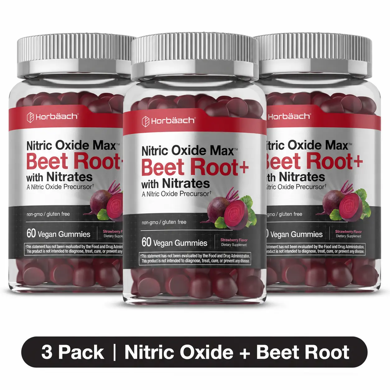 TRIPLE PACK Nitric Oxide Beet Root Gummies - 60 Count - with Nitrates - Strawberry Flavor - Vegan, Non-GMO, Gluten Free Supplement