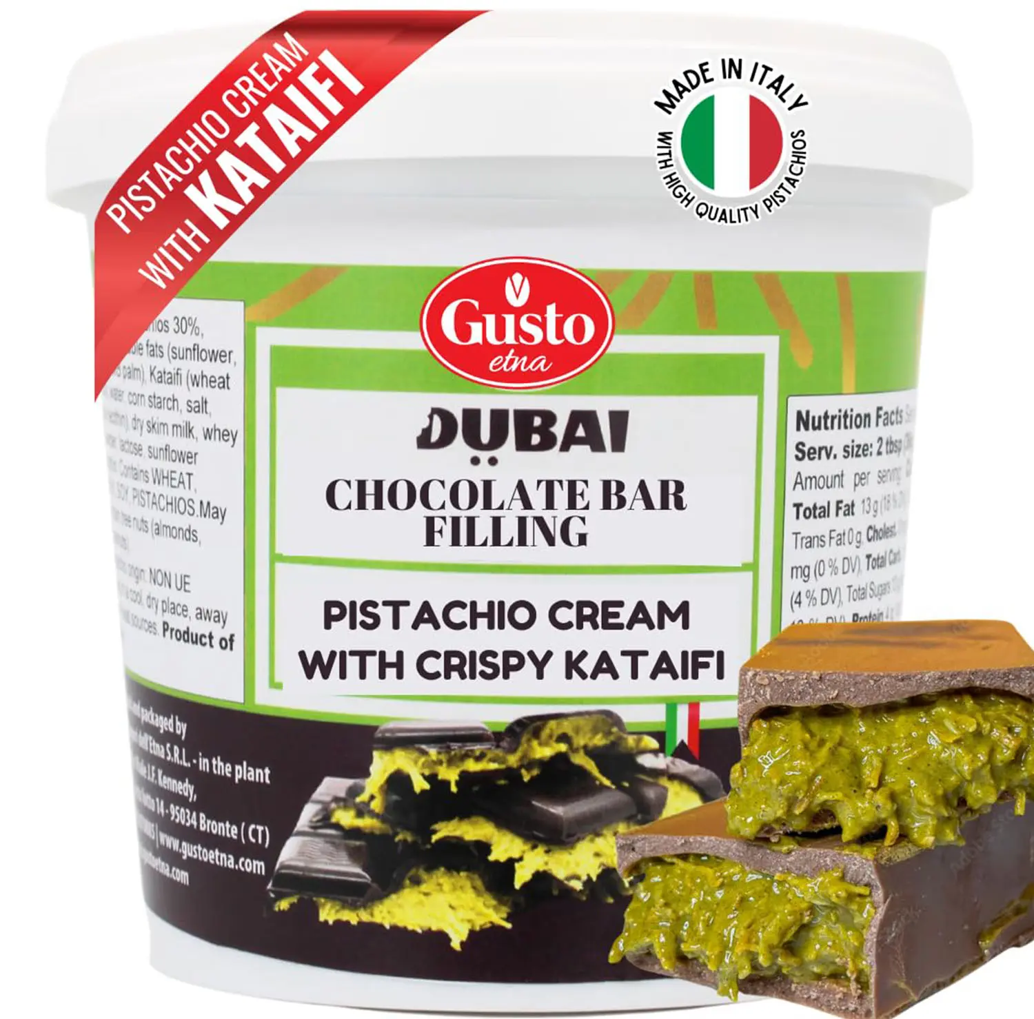 GUSTO ETNA Dubai Pistachio Chocolate Bar Filling with Crispy Kataifi 35 oz | Crunchy Spread with 30% Pistachios for Gourmet Desserts, Pastries, and Confectionery Recipes; Product of Italy, 1 kg Pack.