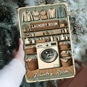 1pc Vintage Laundry Room Metal Sign - Country Iron Wall Decor with Distressed Green Background, Rustic Farmhouse Design Featuring Washing Machine, Baskets & Hanging Clothes, Perfect for Home, Bar, Cafe, or Garage, Laundry Room Accessories,