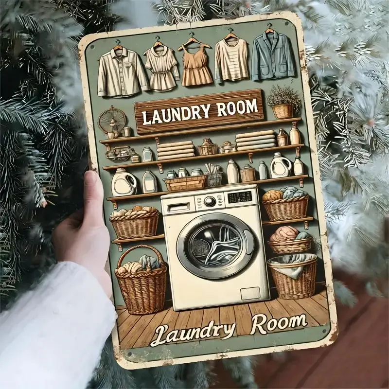 1pc Vintage Cast Iron Rectangular Laundry Room Wall Sign - Decorative Country Vintage Plaque Decor with Distressed Green Background, Rustic Farmhouse Design (Washing Machine, Baskets, Hanging Clothes), Indoor Home Decor Products, Laundry Room Accessories,