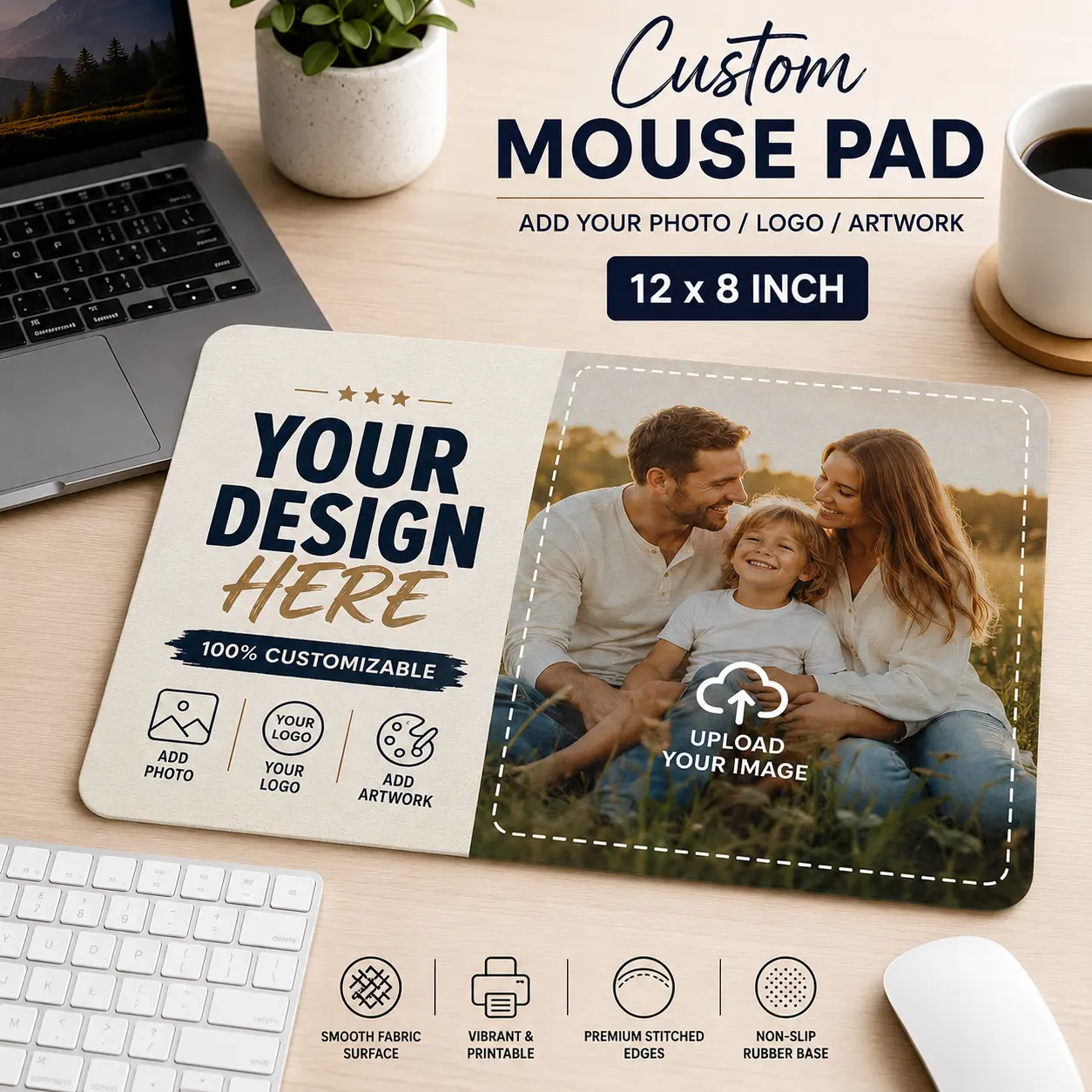 Custom 12x8 in Mouse Pad - Personalized Photo, Logo, Text Mouse Pads with Stitched Edges for Office Desk Use
