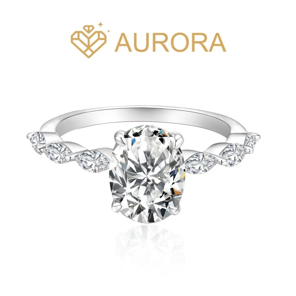 【#39 Frisson】925 Sterling Silver Oval Full Moissanite Ring Band, Main Stone with Side Stones, Diamond Alternative Artificial Gemstone Jewelry