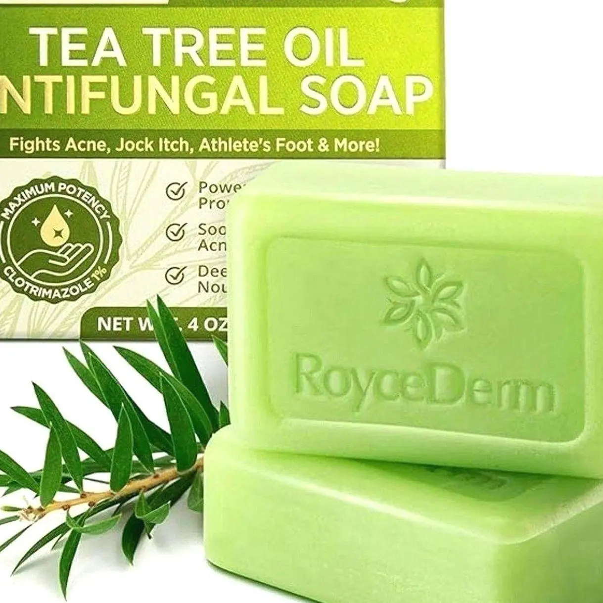 Roycederm Antifungal Antibacterial Tea Tree Soap: Antifungal Antibacterial Treatment for Face & Body Acne, Athlete's Foot, Tinea, Folliculitis Ringworm Jock Itch (Pack of 1)