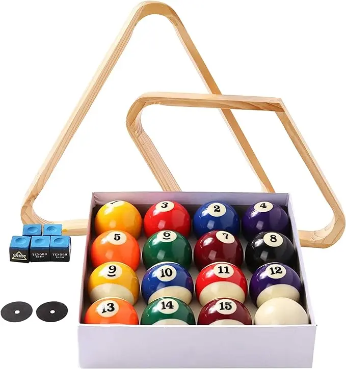 Billiard Balls Set, Pool Table Triangle Ball Rack and 9-Ball Diamond Rack (Wood), 5 Cue Chalks and 2 Table Spot Stickers, Billiard Cue Bridge Spider Head and Cue Cross, Cue Rack, Table Brushes Set