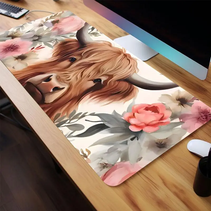 Cow & Flower Pattern Extended Mouse Pad, 1 Count Large Gaming Mouse Pad, Washable Non-slip Rubber Base Stitched Edges Mouse Mat for Office Home