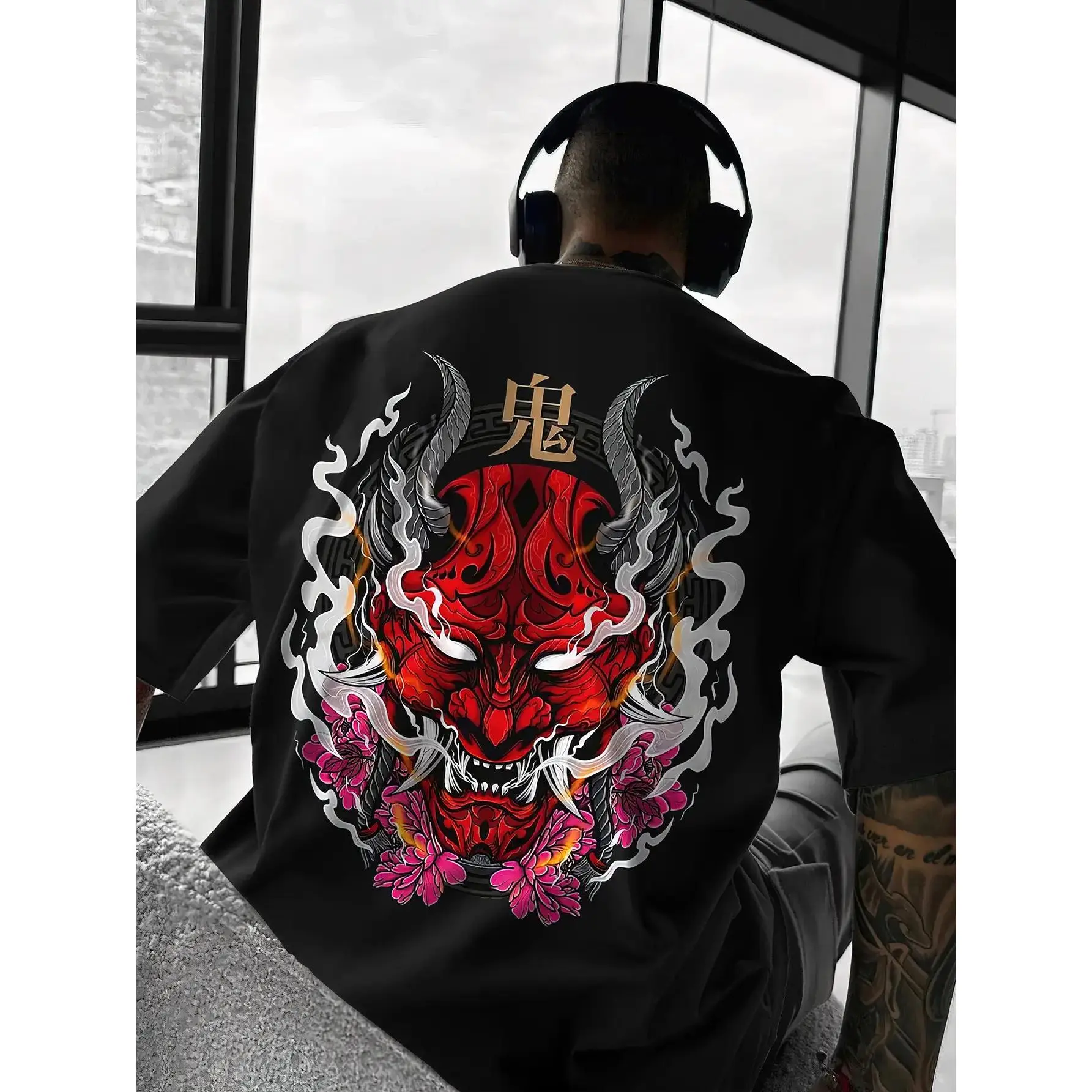 Men's Japanese Oni Demon Face T-Shirt - Loose Fit Round Neck Japanese Theme Costume Tee Suitable for Cosplay, Gifts & Daily Wear - Machine Washable Cultural Apparel with Oni Print (Ideal for Japanese Events)