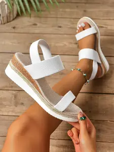 Women's Summer Fashion Wedge Sandals, Elastic Strap Fit, Jute Trim & Wood Grain Thick Sole, Comfortable Retro Style